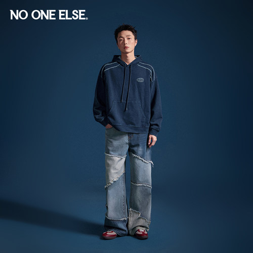 NO ONE ELSE字母绣花连帽卫衣男女2026年春秋新款毛边袋鼠兜上衣