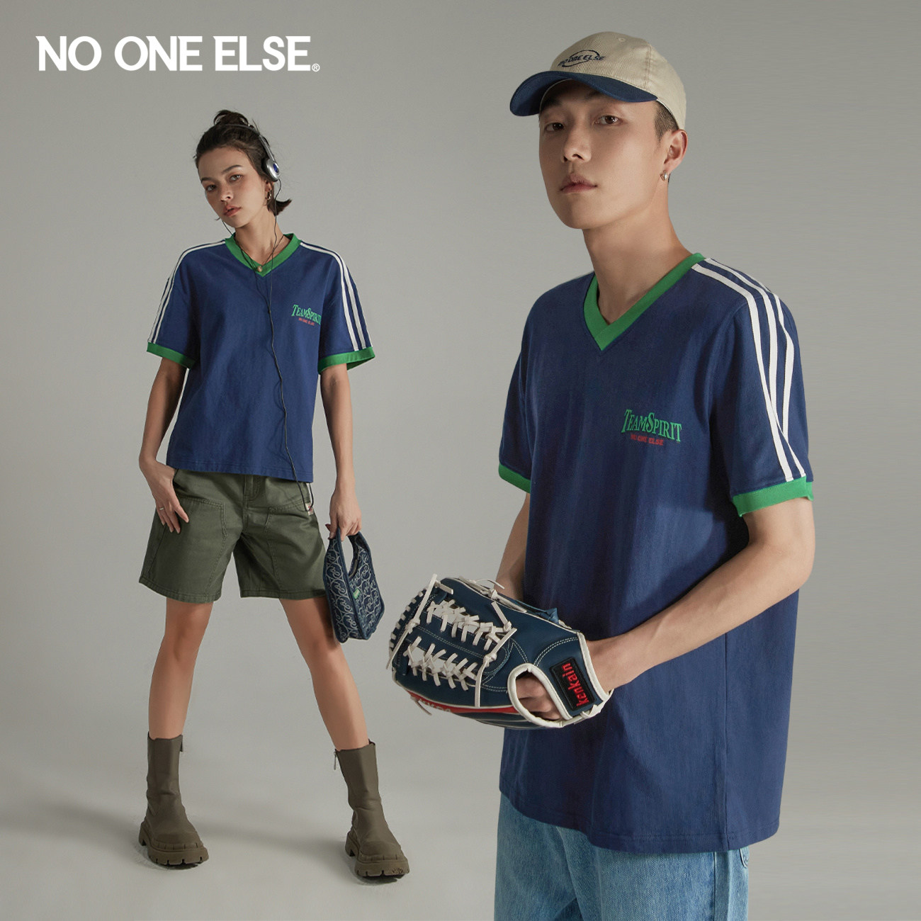 NO ONE ELSE字母印花短袖T恤男女同款2026年夏季新品拼接V领上衣