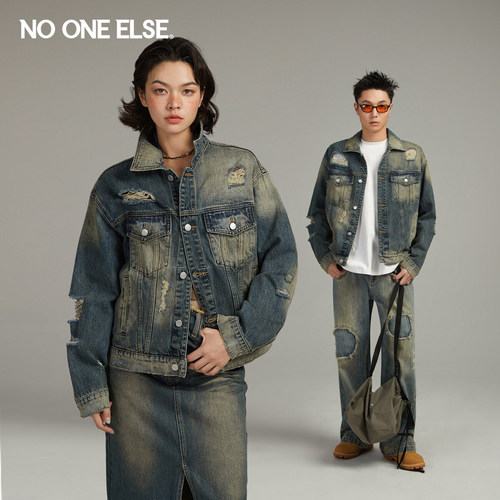 NO ONE ELSE破洞做旧牛仔外套男女款2026春秋新品美式街头风上衣