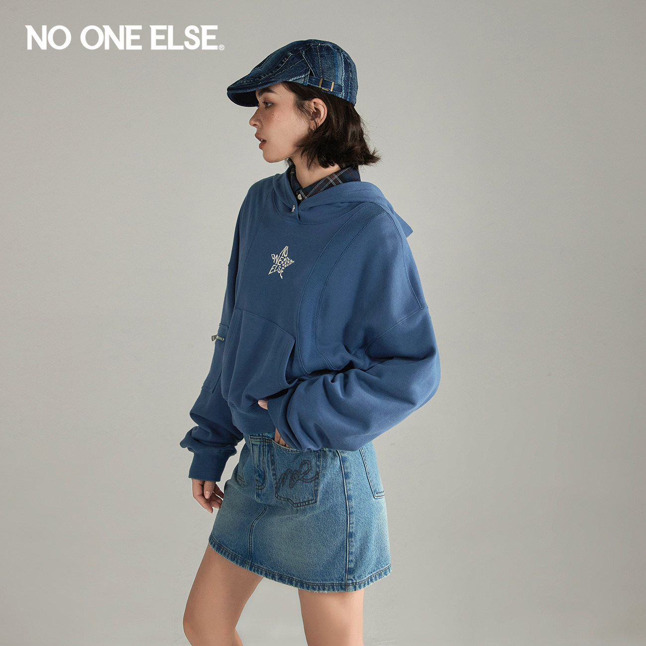 【李莎旻子同款】NO ONE ELSE字母星星卫衣女秋拼接长袖连帽上衣