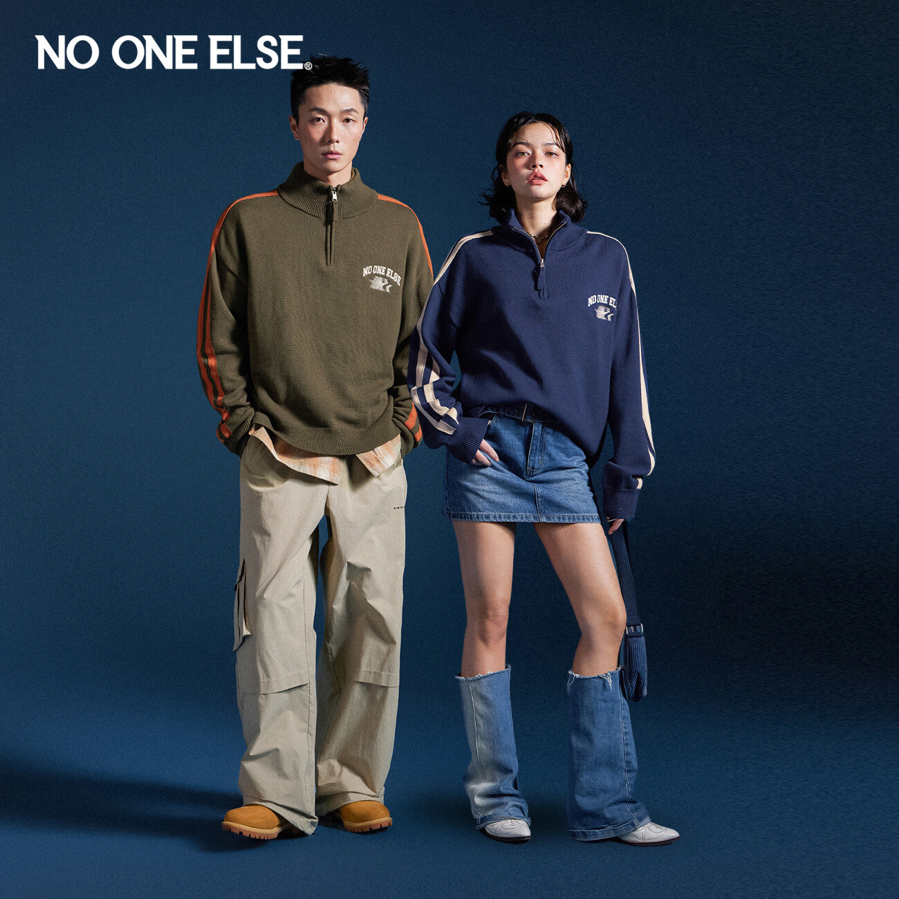 NO ONE ELSE字母刺绣针织衫男女同款2026年春秋新品撞色套头上衣