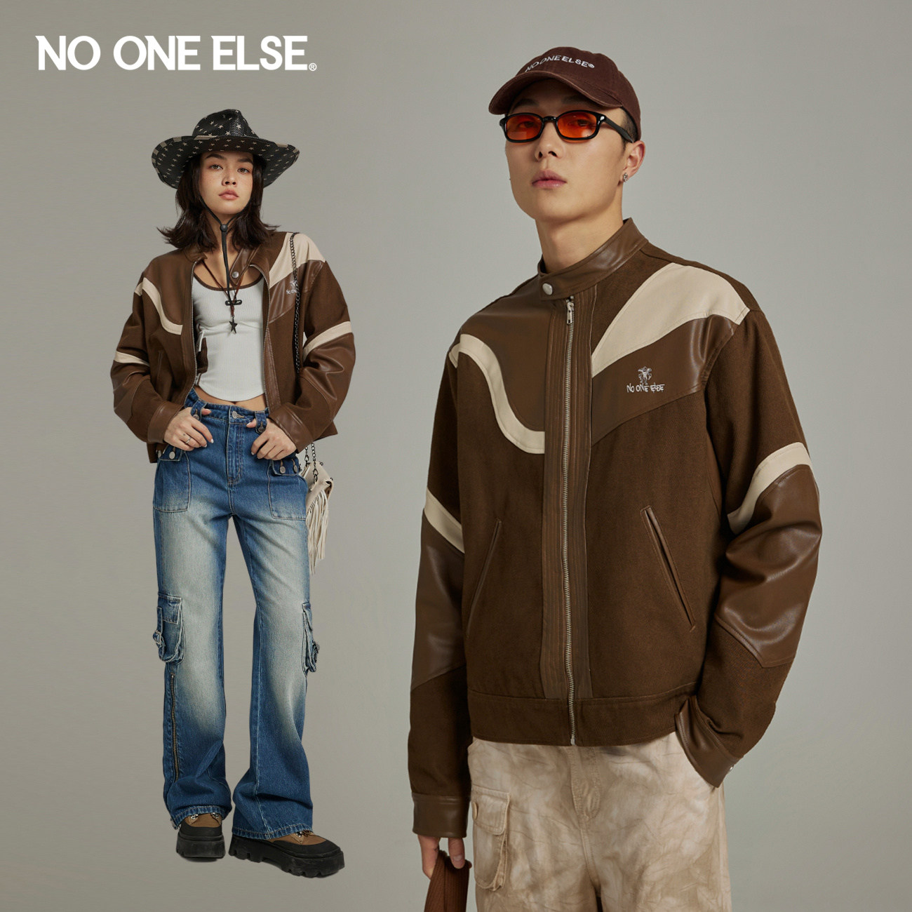 NO ONE ELSE撞色PU拼接外套男女款2026年春秋新品绣花宽松机车服