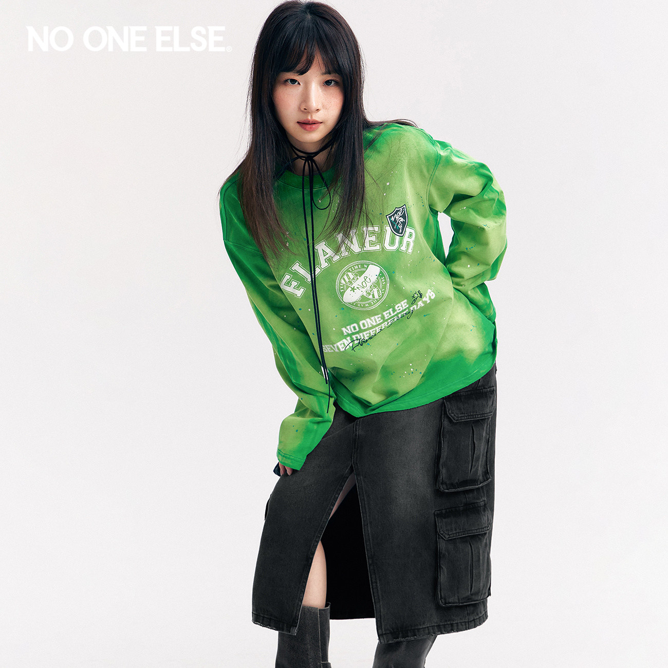 NO ONE ELSE扎染漆点T恤女2026夏季新款字母印花圆领宽松长袖上衣