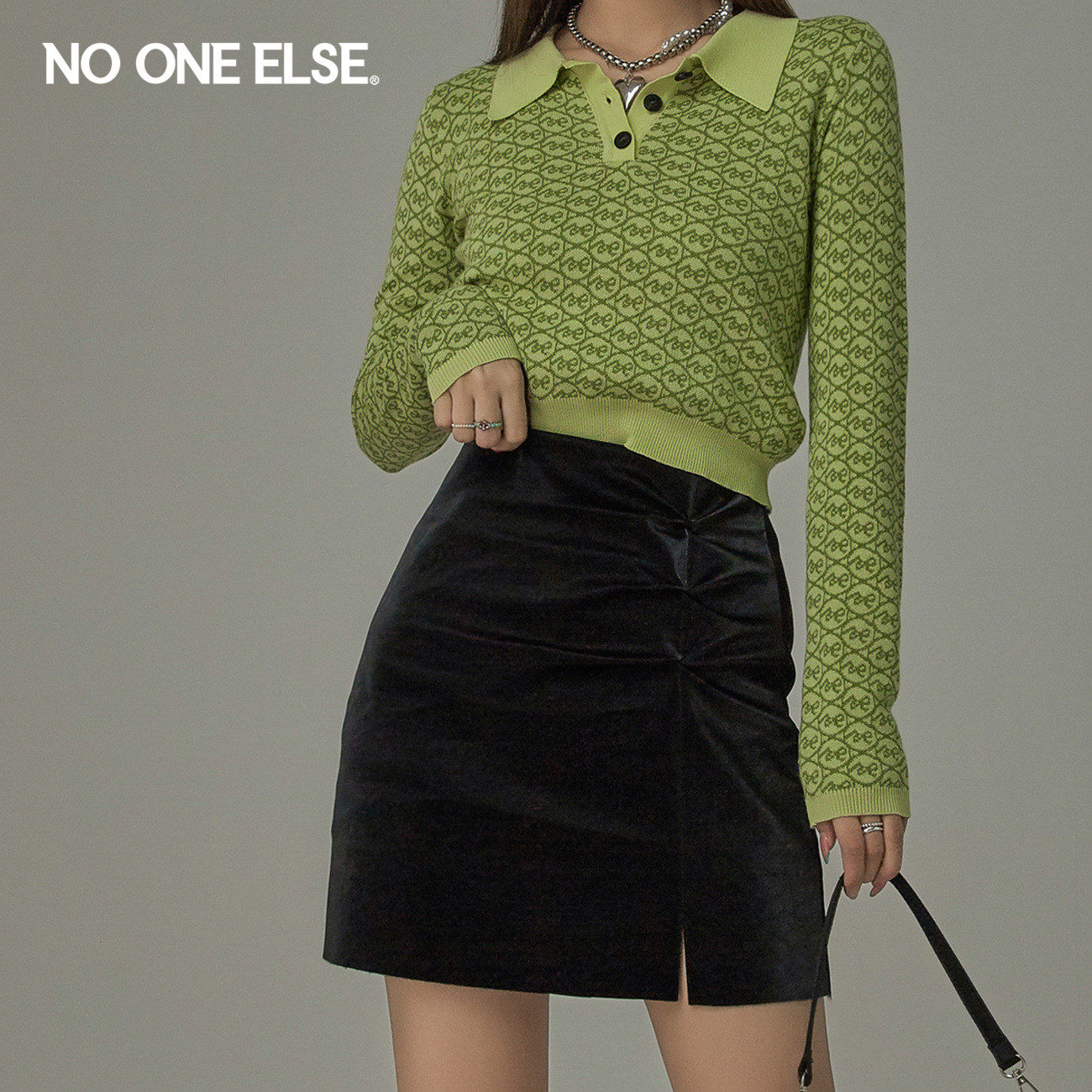 NO ONE ELSE包臀PU半身裙女2026早秋新款高腰抽褶设计短裙子