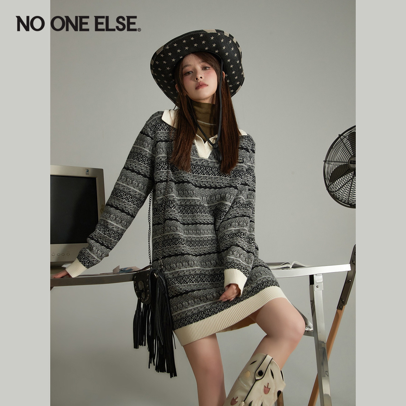 NO ONE ELSE时尚针织连衣裙女2026春秋新品设计感个性休闲短裙子