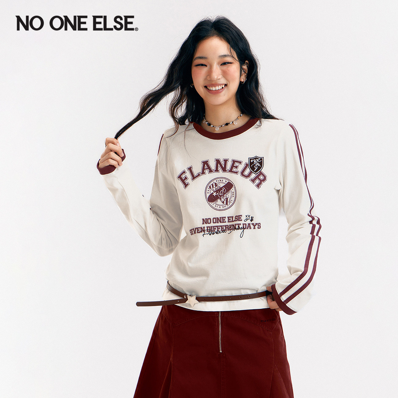 NO ONE ELSE字母印花T恤女士2026春秋新款学院风条纹套头长袖上衣