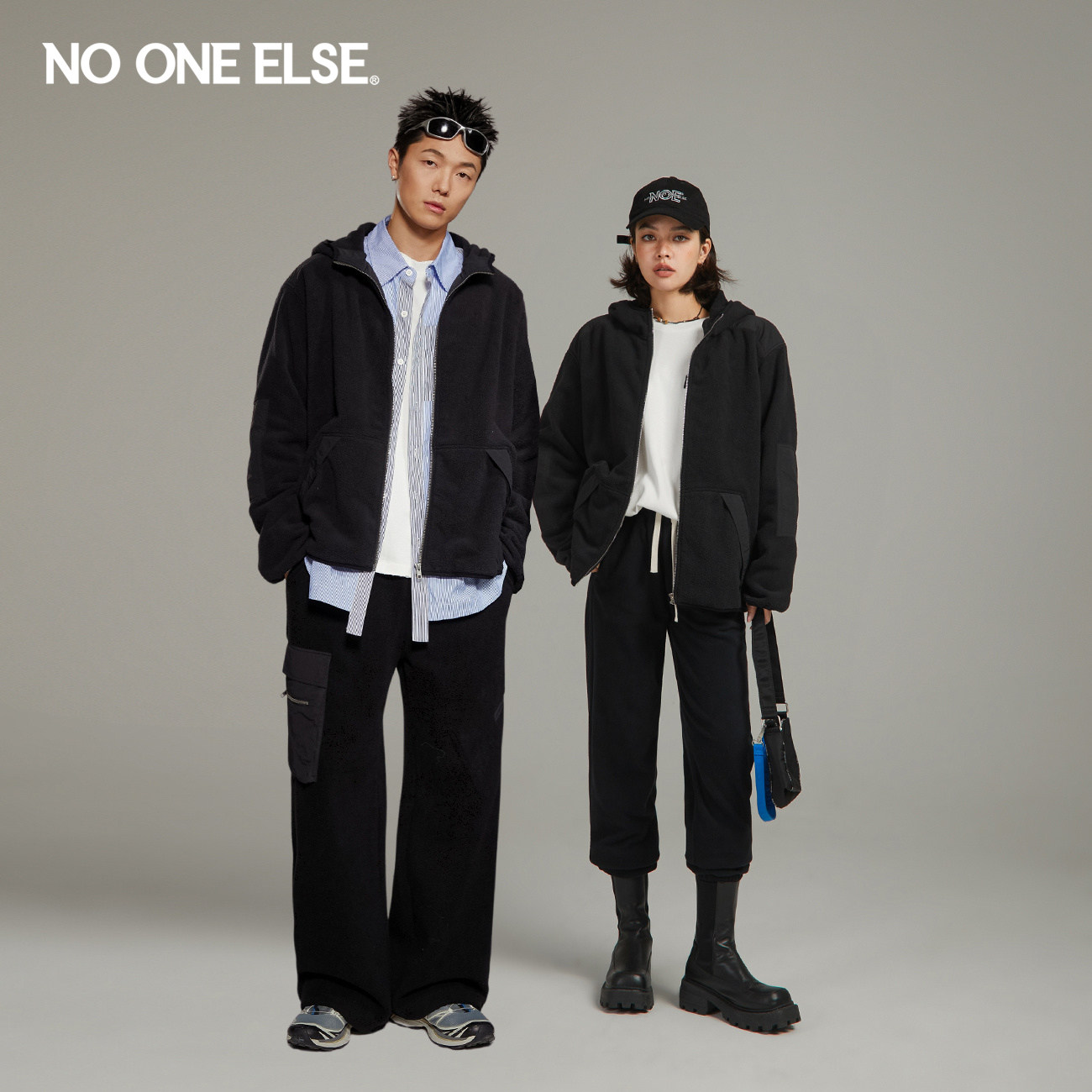 NO ONE ELSE连帽摇粒绒卫衣男女款2026春秋新品运动宽松拼接外套