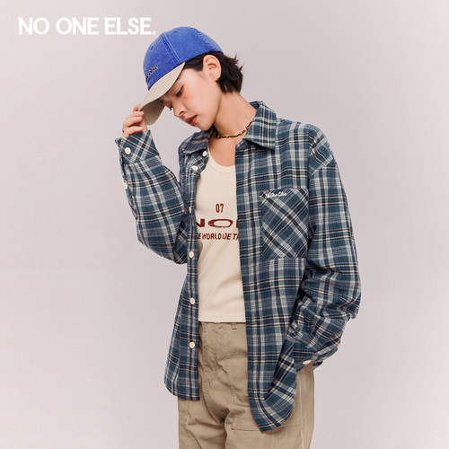 【政瞳同款】NO ONE ELSE中性系列绣花衬衫男女秋款复古格子衬衣