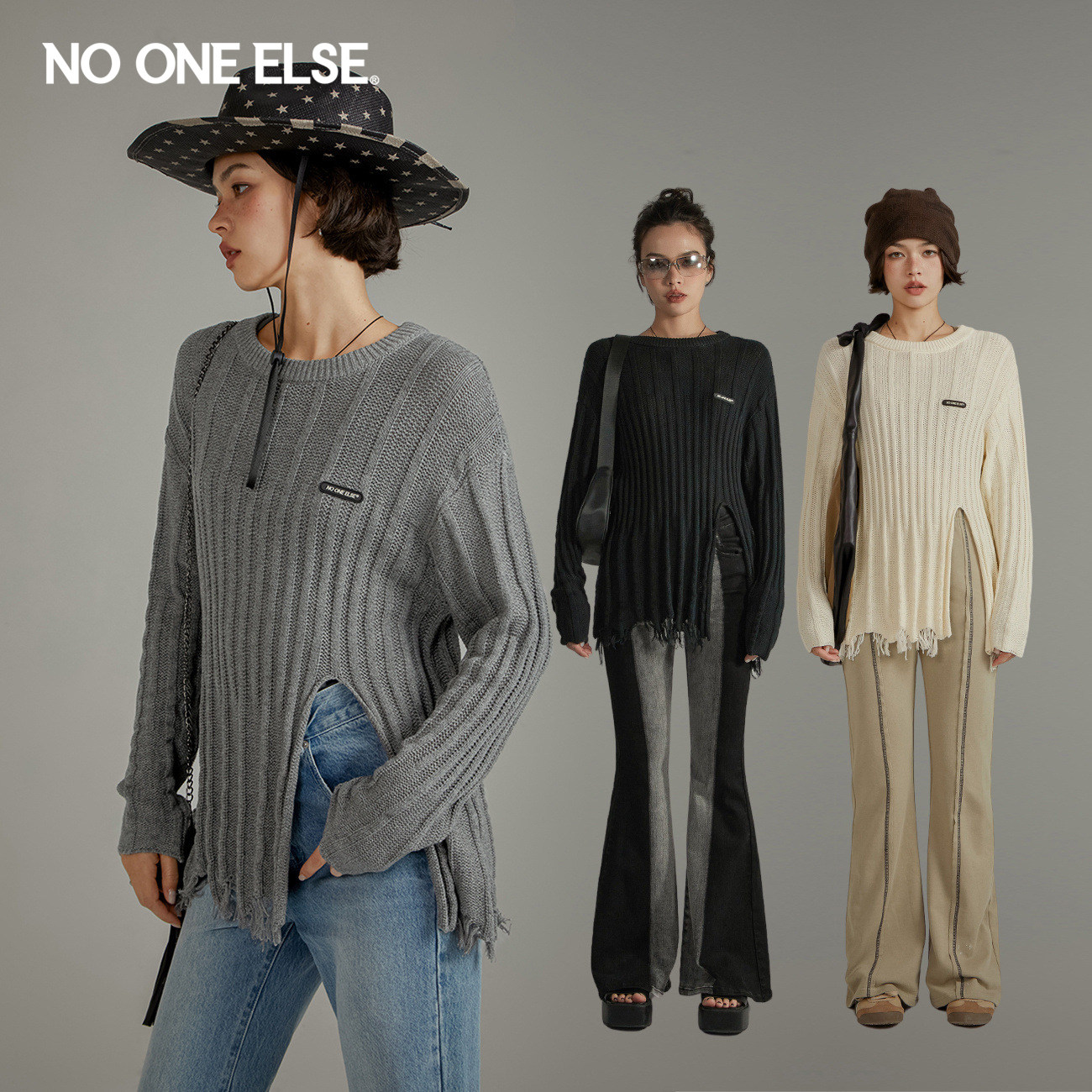 NO ONE ELSE流苏开叉针织衫女2026年春秋新品时尚毛边长袖上衣潮