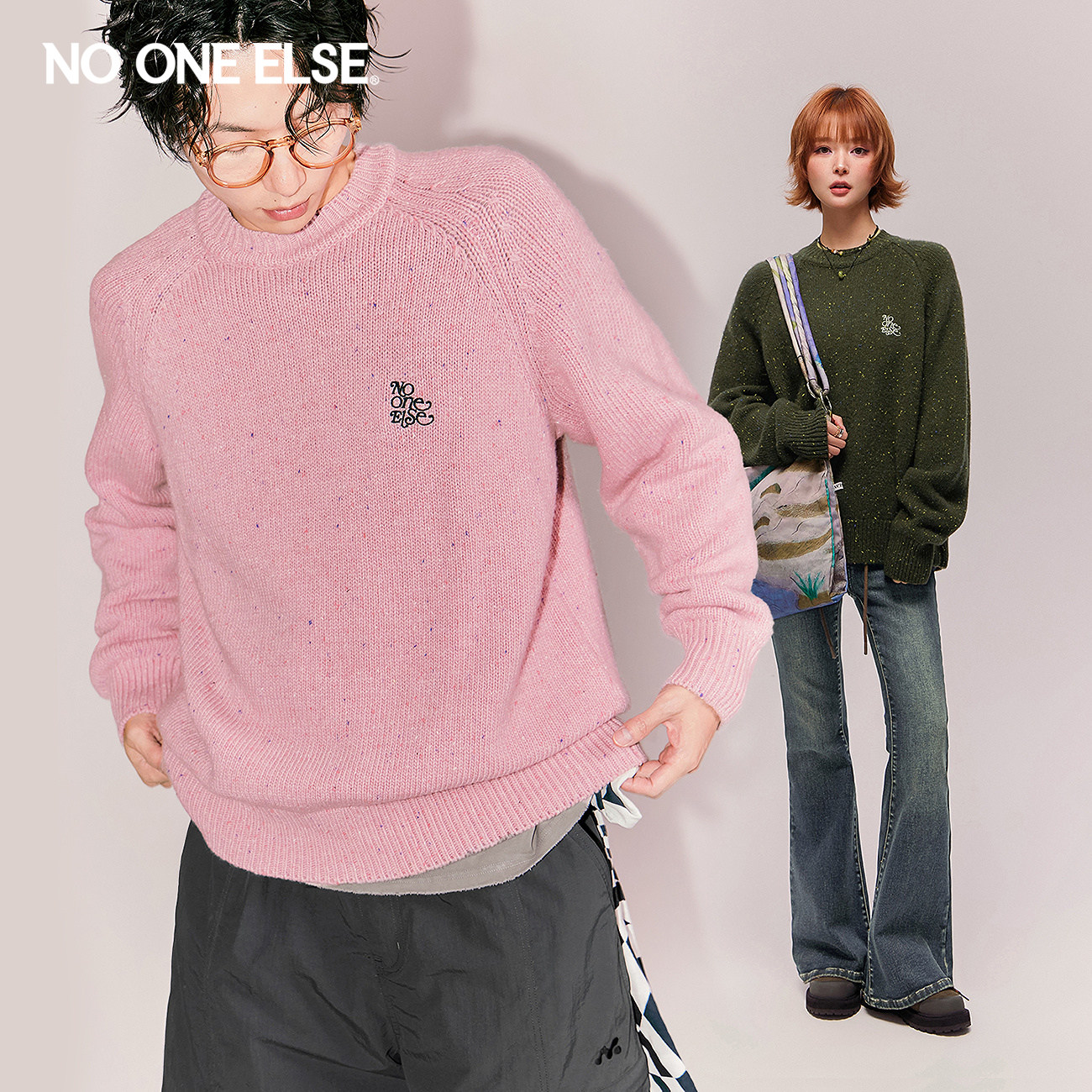 NO ONE ELSE花色字母针织衫男女2025冬季新款长袖圆领套头羊毛衫