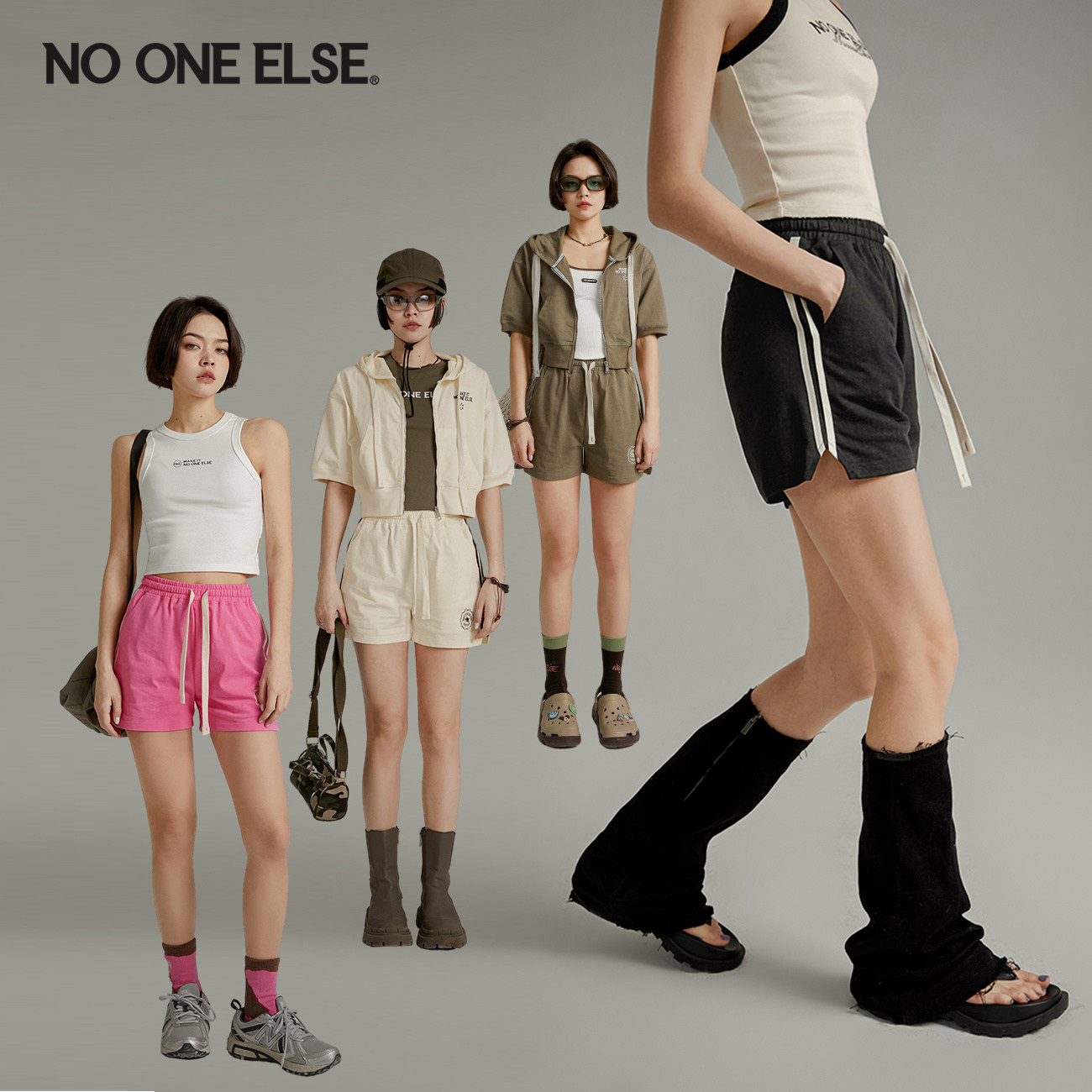 NO ONE ELSE字母印花抽绳休闲裤女2026年夏季新款卫裤运动短裤子
