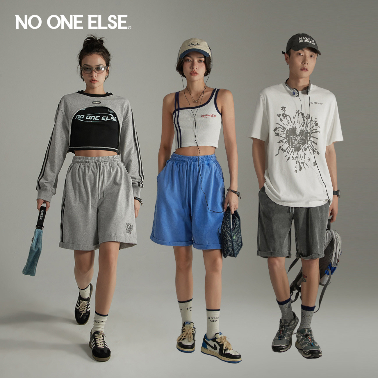 NO ONE ELSE高腰抽绳休闲裤男女款2026年夏季新品印花阔腿短裤子