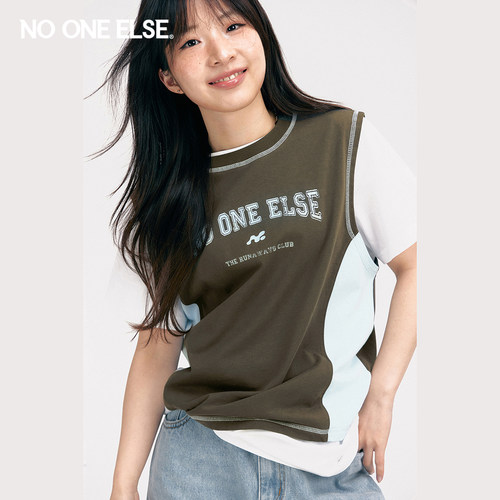 NO ONE ELSE撞色拼接背心女士2026夏季新款字母印花圆领无袖上衣