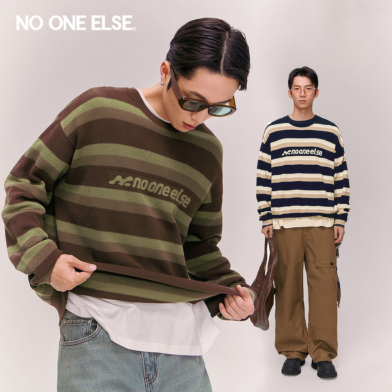 NO ONE ELSE字母提花条纹针织衫男女2026年春秋新款套头长袖上衣