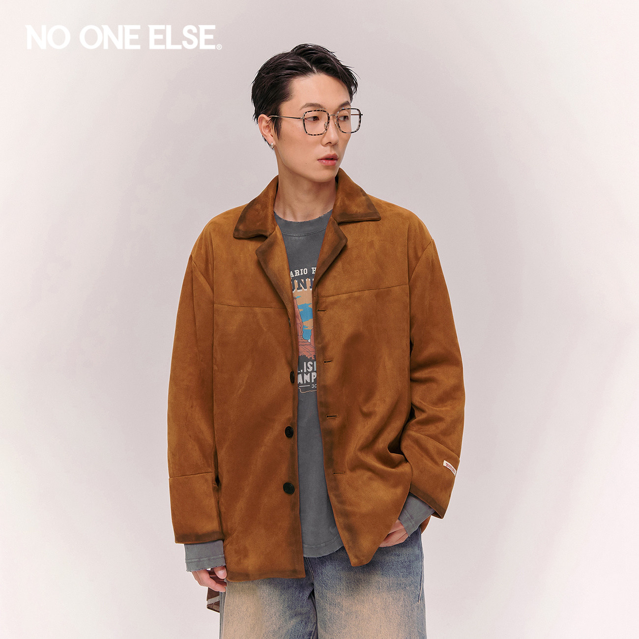 NO ONE ELSE仿麂皮绒做旧西装男女2026春秋新款宽松中长西服外套