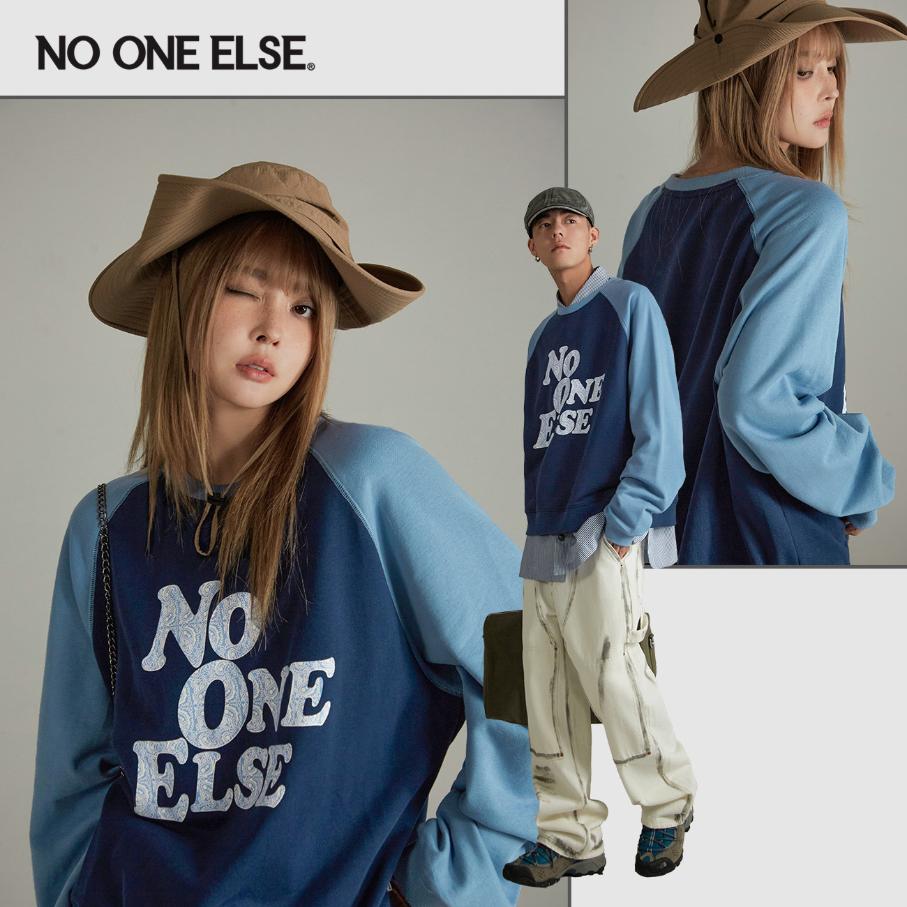 NO ONE ELSE字母印花拼接长袖卫衣情侣款2026春秋新品宽松上衣
