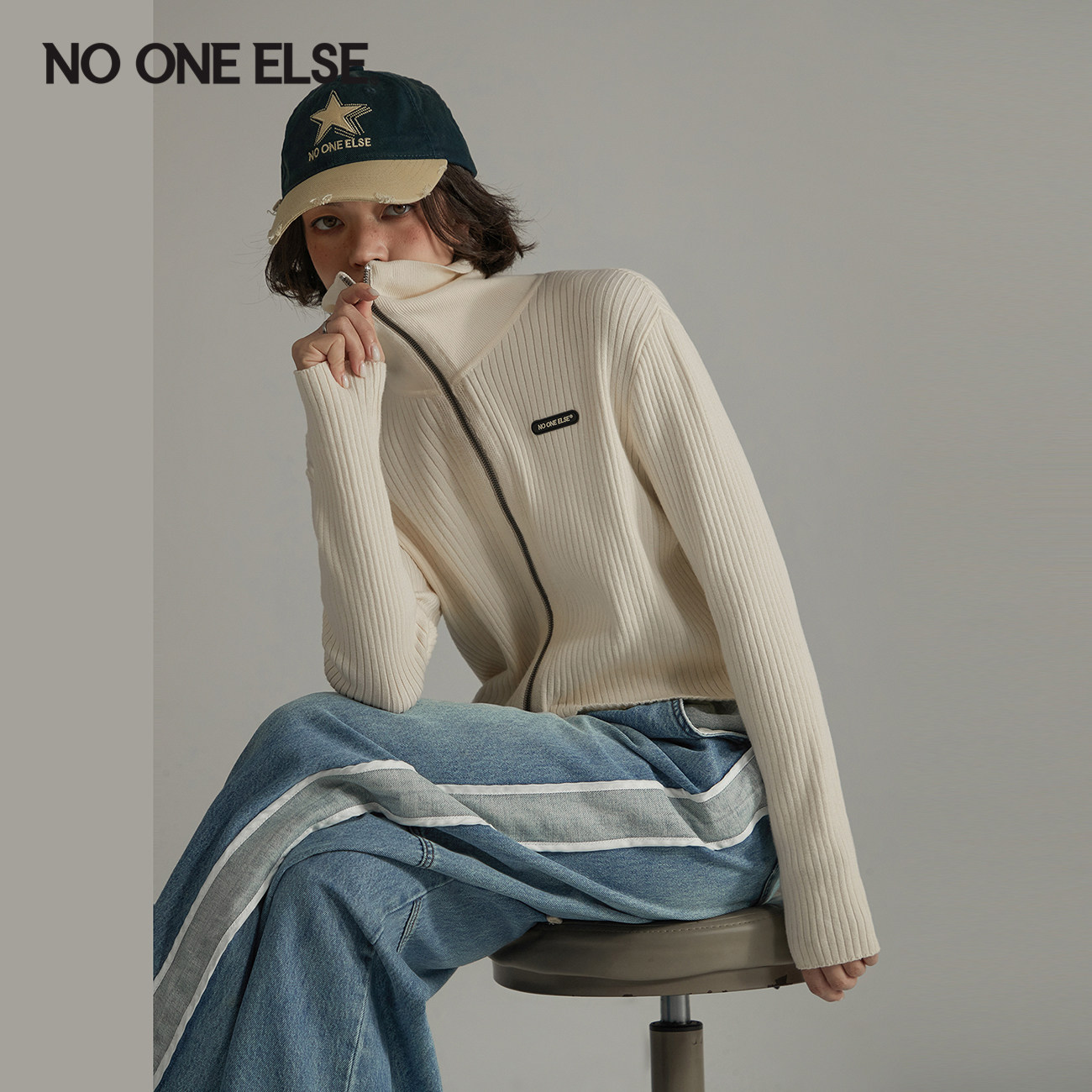 【赵子琪同款】NO ONE ELSE大翻领针织开衫女春秋季休闲长袖外套