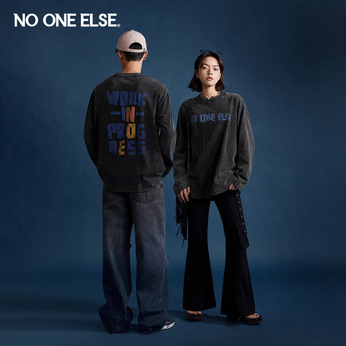 NO ONE ELSE字母印花宽松T恤男女2026秋新品美式街头做旧休闲上衣