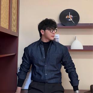 秋冬型男宽松牛仔休闲韩系复古洗水落肩气质衬衫 外套简约衬衣