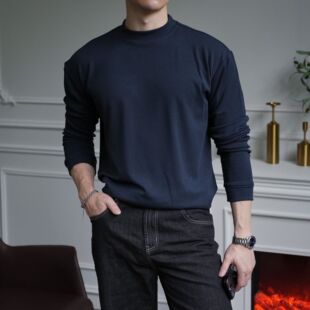 兰精莫代尔50支300克秋冬微高领男士舒适纯色长袖加绒打底衫T恤