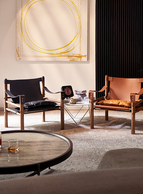 北欧复古沙发椅家用客厅单人休闲椅丹麦实木马鞍皮狩猎椅设计师款