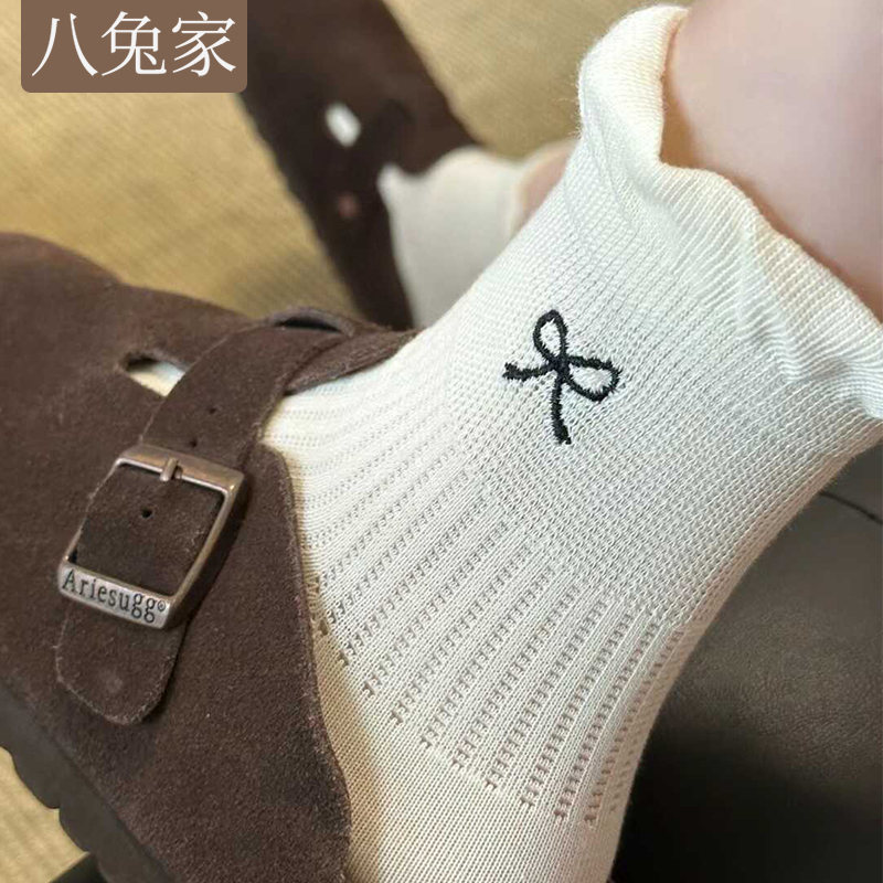 蝴蝶结袜子女款春秋款芭蕾风配玛丽珍鞋纯棉女生花边短袜夏季薄款