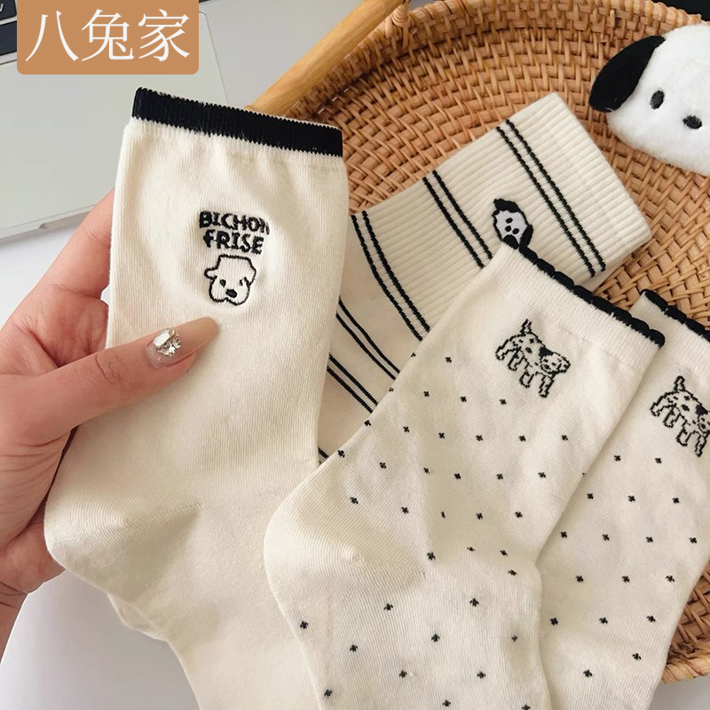 可爱小狗图案袜子女秋冬款纯棉ins潮卡通中筒袜设计感网红风长袜