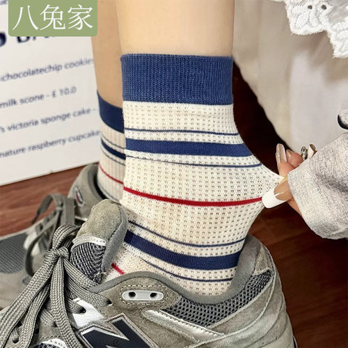复古网眼条纹堆堆袜子女中筒袜ins潮纯棉夏季薄款日系运动长袜