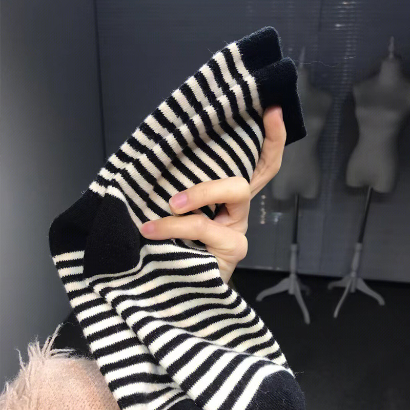 条纹袜子女中筒袜全棉简约长袜