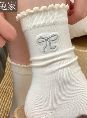 miu系灰色花边蝴蝶结袜子女秋冬中筒袜韩系少女显瘦ins潮堆堆袜子