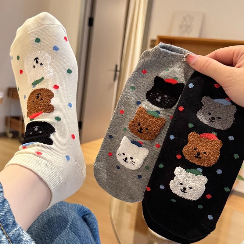 韩国可爱卡通袜子女短袜夏季薄纯棉低帮小熊彩点网红款春秋日系