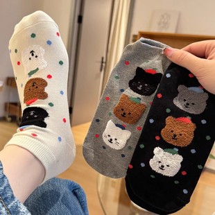 韩国可爱卡通袜子女短袜夏季 春秋日系 薄纯棉低帮小熊彩点网红款