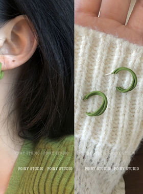 简约小巧绿色c形耳钉女百搭韩国气质耳圈耳环森系高级大气耳饰潮