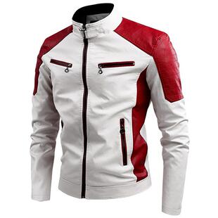 男式修身短款立领机车皮夹克复古拼接皮衣外套Men Leather Jacket
