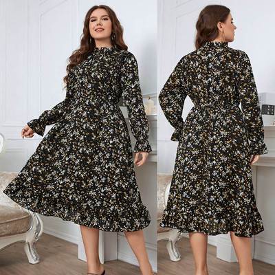Plus size women Autumn Floral Printed Vingtage Dress 大码裙