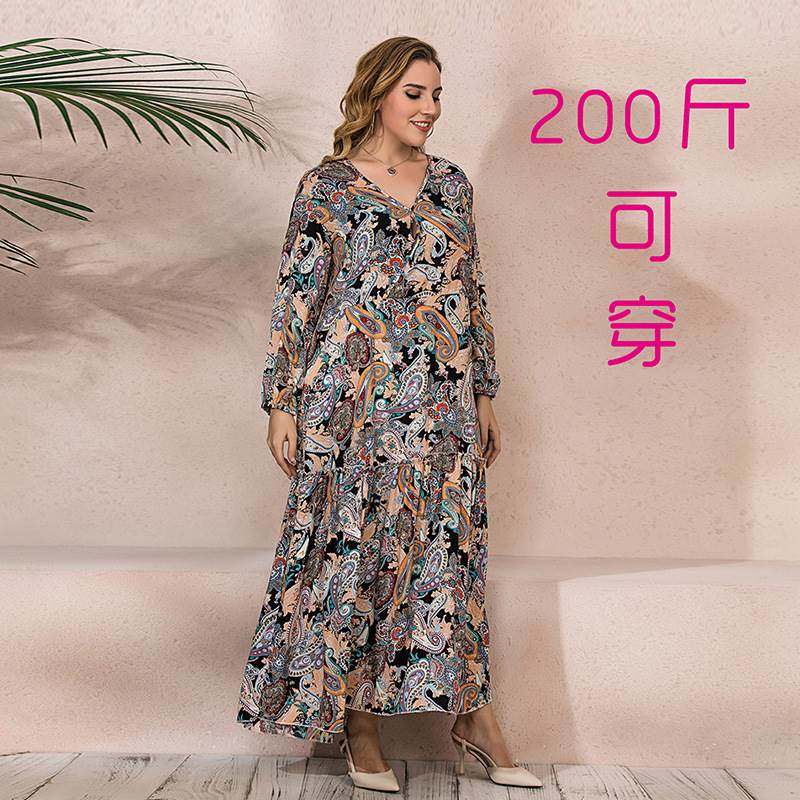 Fat Women Vintage Dress Long Sleeves Printed Dress 大码女裙