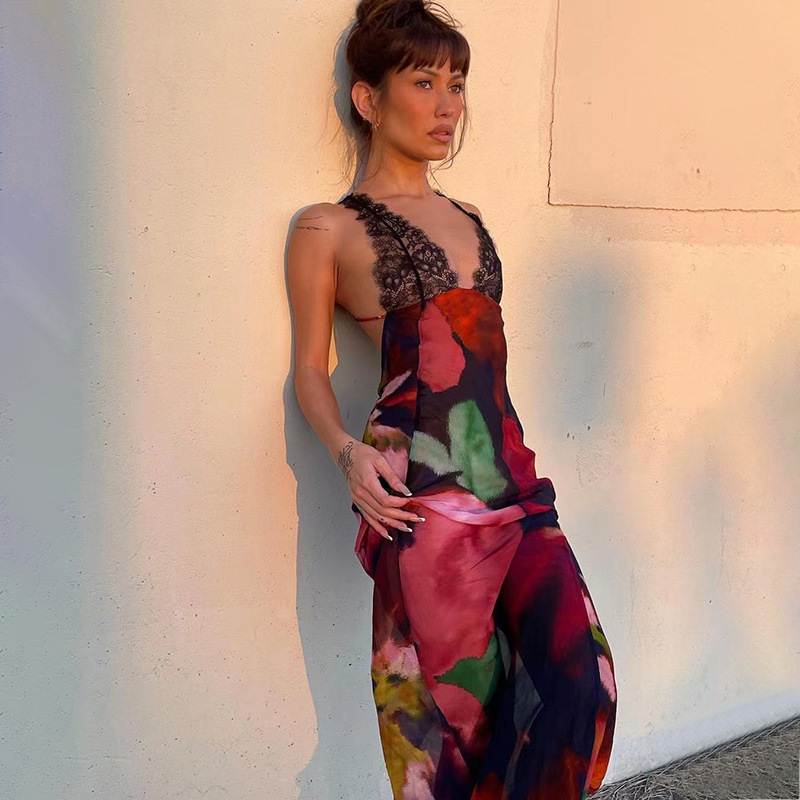 欧美风女装时尚流行扎染印花性感交叉露背拼接黑蕾丝修身连衣长裙