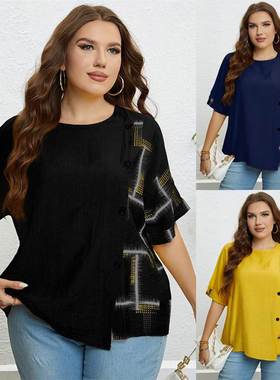 夏季蓝色圆领宽松上衣女 Summer clothes big size women blouse