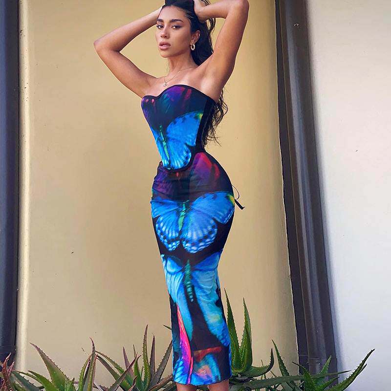 Ahagaga 欧美风设计感蝴蝶印花束腰绑带裹胸上衣性感透视长裙套装