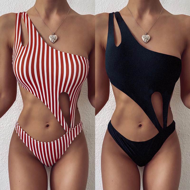 One-piece bikini swimsuit欧美女士性感镂空连体单肩比基尼泳衣