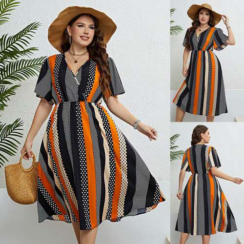Summer paneled V-neck plus size dress 大码V领收腰显瘦连衣裙