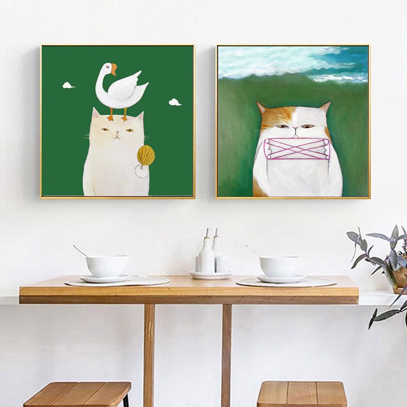 卡通绿色小猫咪儿童房装饰画