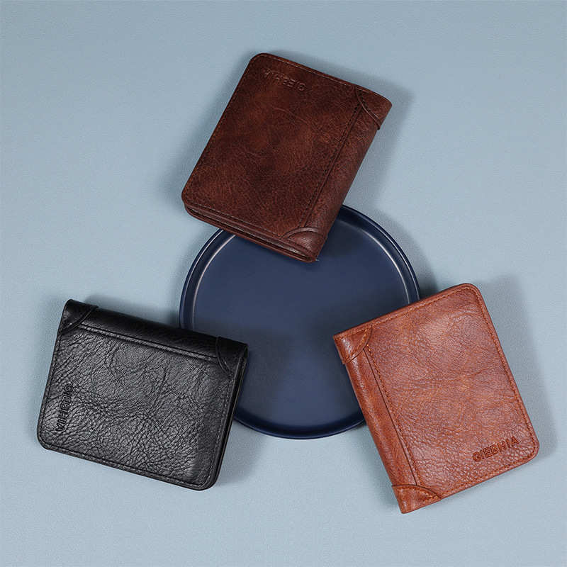 日本品质男士钱包男款高级感复古PU短款男士折叠信用卡包可收纳零