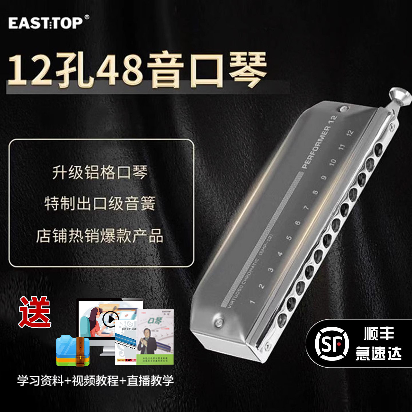EASTTOP东方鼎铝格12孔48音C调半音阶口琴专业成人演奏练习EMP-12