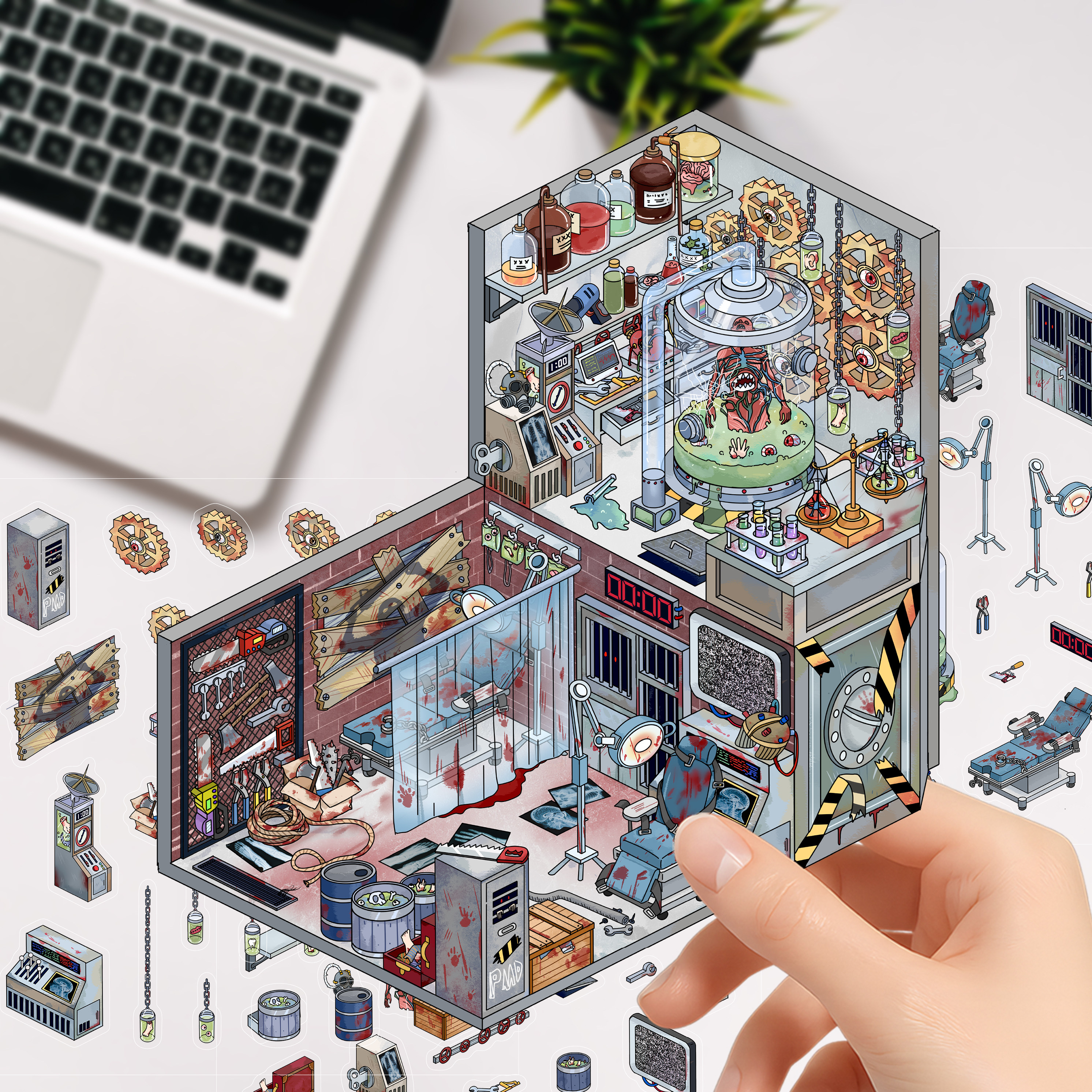 原创微恐3D造景贴纸手工DIY贴纸微缩场景立体解压堆叠贴画