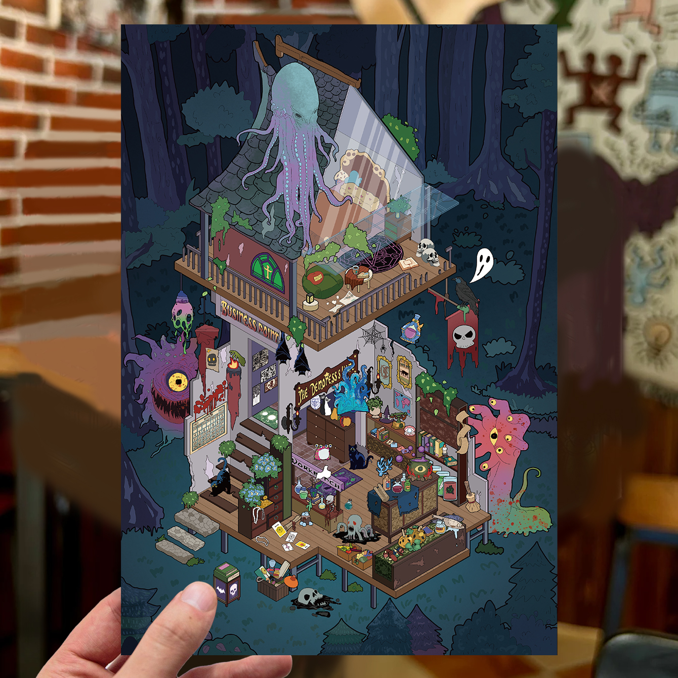 原创大尺寸森林幻境造景贴纸PET微缩3D立体小屋解压DIY堆叠贴画