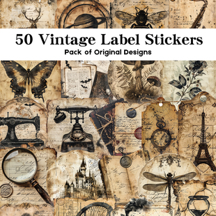 50张复古烧毁标签贴纸日记本手账本素材手机壳水杯防水diy贴画
