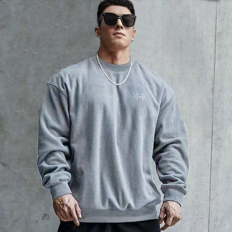 摇粒绒运动卫衣男冬季重磅加厚无帽圆领保暖套头加绒训练衣健身服