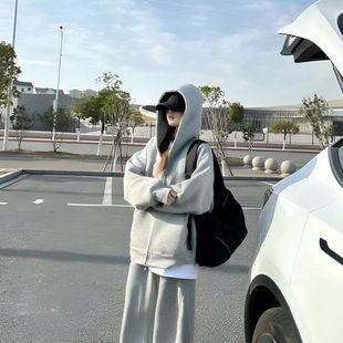 美式双拉链开衫灰色卫衣男潮牌重磅宽松百搭休闲运动情侣连帽外套