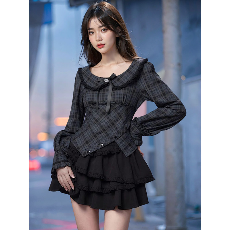 #夜莺#doll感甜酷娃娃领长袖格子挂脖上衣衬衫+半裙两件套装2026